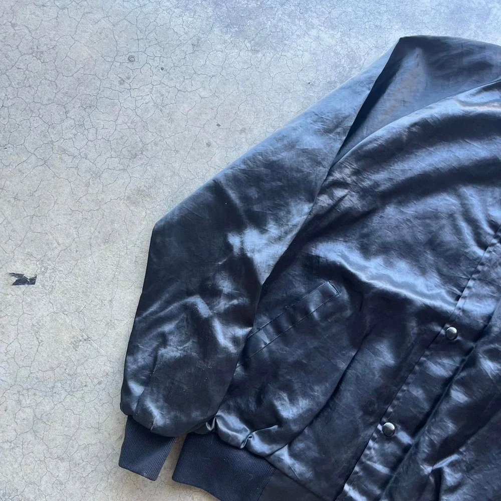 Vintage black satin bomber jacket Linda John Rick ltd Large